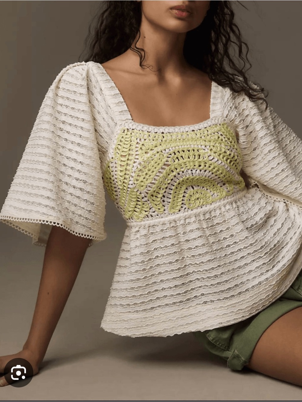 Anthropologie Sarah Hann Cream Tunic with Lime Crochet Details
